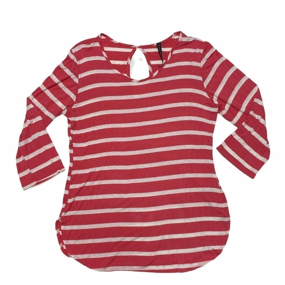 TIFFANY & Grey Red White Striped Keyhole Blouse